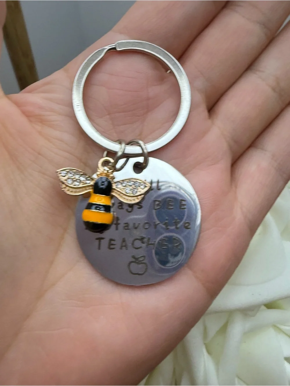 Bee Charm Keychain - Yellow & Black Bee with Silver Tag